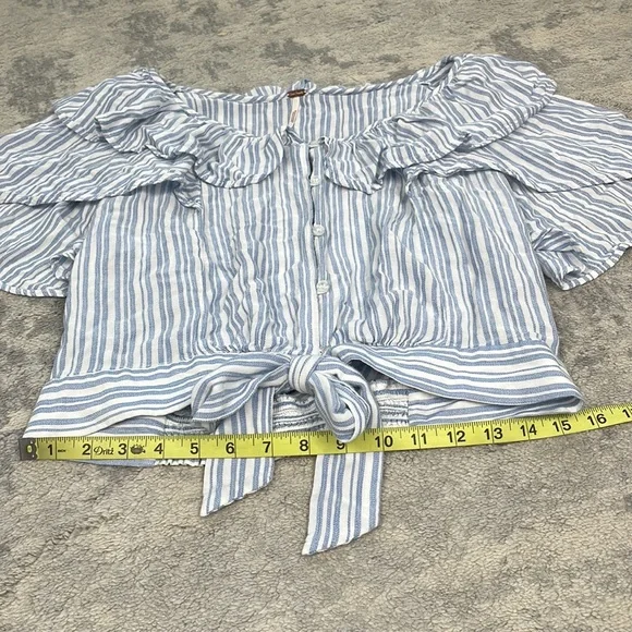 Free People The Rosemary Top Tie Waist Blouse Flutter Ruffle Blue Stripe Sz L - Picture 7 of 12